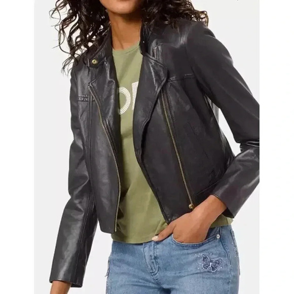 Michael Kors Real Leather Moto Jacket Asymmetrical Zip Black NWT $250 - 1X AS IS - Picture 1 of 16
